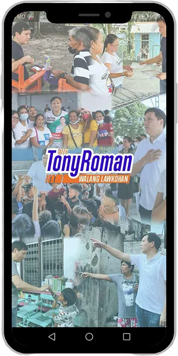 App start screen: the Atty. Tony Roman logo over photos of community work