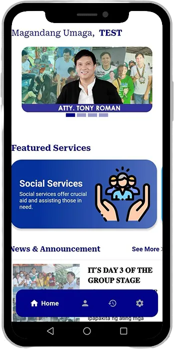 App home screen with a greeting, featured Social Services and news