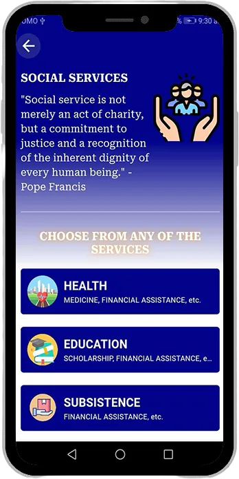 Social Services screen listing Health, Education and Subsistence